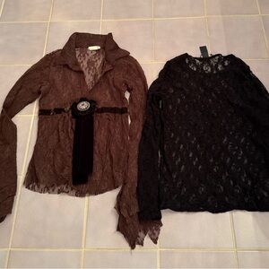 Lot of 2: Sharagano brown lace top & Ralph Lauren black lace top Small